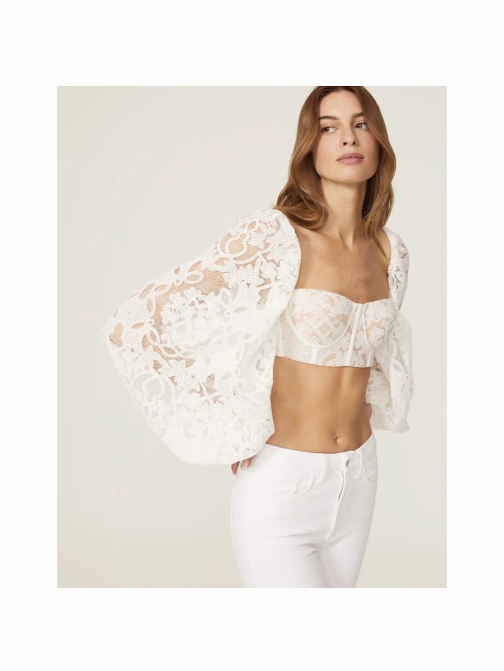 Bronx and Banco White Lace Puff-Sleeve Bustier Top